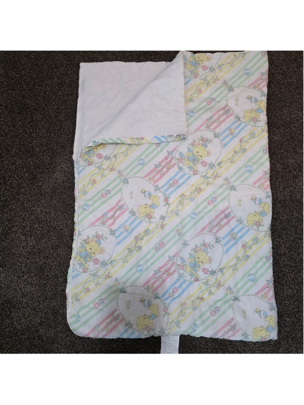 Baby Toddler Sleeping Bag Vtg Quilt Zipper Bears Yellow Green Pink 32"x21.5"